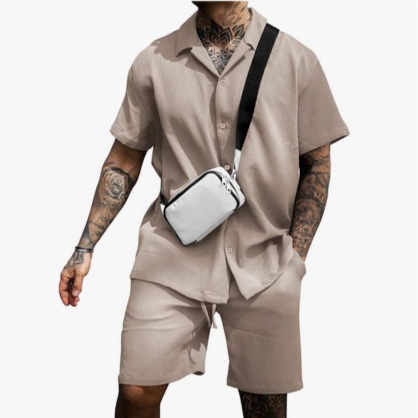 2025 Men's New Casual Comfortable Button-Up Collar Shirt And Short Sleeve Shorts Set_voghion.com