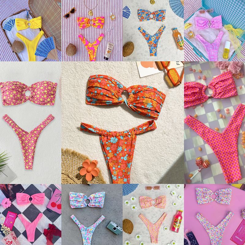 Damenbekleidung Mode Frischer Druck Ring Soft Pack Tube Top Bikini Split Badeanzug_voghion.com