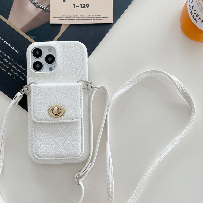 Mobile phone case lock card holder diagonally suitable for Apple 15pro max mobile phone case iPhone14 pebbled pattern protective cover_voghion.com