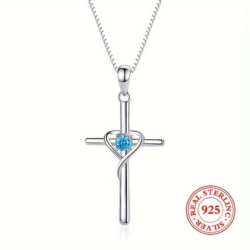 Collana con ciondolo a forma di croce a forma di cuore, in zircone, da donna, in acciaio inossidabile, con catena a scatola, in argento Sterling_voghion.com