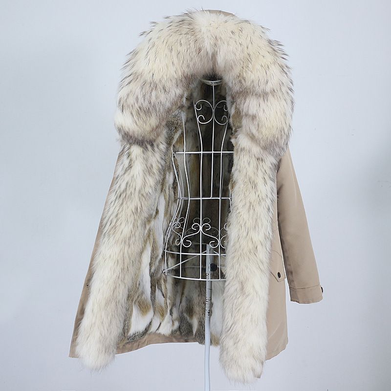 Damenbekleidung Abnehmbarer Innenmantel mit Fuchspelzkragen Mittellang Modischer warmer Kapuzenmantel_voghion.com