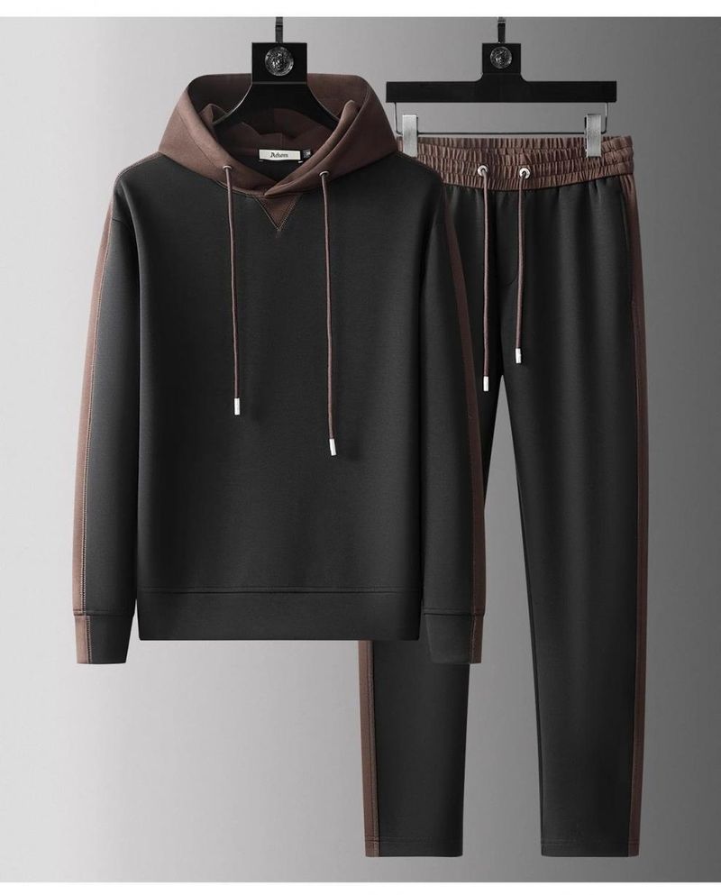 Herren-Set mit Fleece-gefüttertem Hoodie und Jogginghose – Winter-Trainingsanzug im Colorblock-Design mit Kontrastnähten (Schwarz/Braun/Khaki, Größen M–4XL)_voghion.com