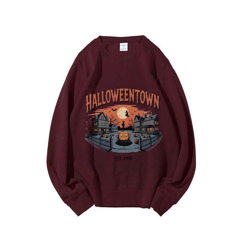 Sweatshirt mit Rundhalsausschnitt und Vintage-Halloween-Stadt-Print – Unisex-Übergroßer Pullover, lässige Streetwear (mehrere Farben und Größen)_voghion.com