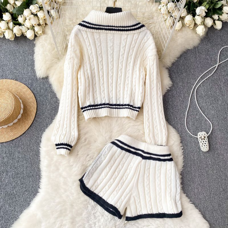 Women's Clothing Autumn and winter lazy style loose lapel striped sweater + high waist slim wide leg shorts knitted suit_voghion.com