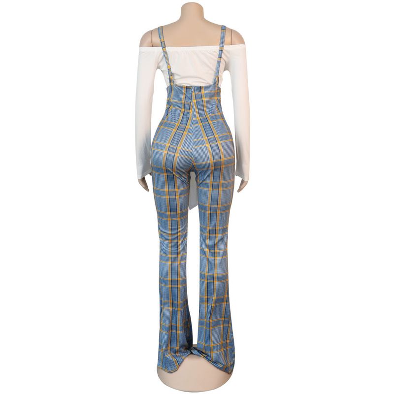 Women's sexy slim line shoulder coat plaid suspenders two-piece set_voghion.com