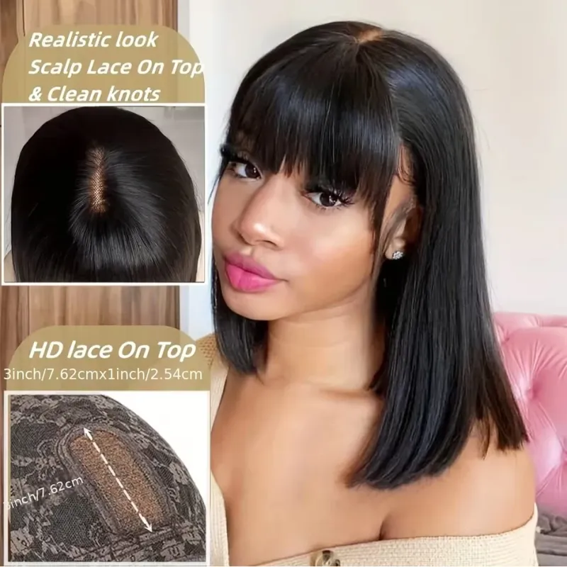 Suora Bob-peruukki Otsatukalla 100% Aitoa Hiusta Otsatukka Brasilialainen Realistinen Pääntie 3x1 HD Lace -Peruukit_voghion.com