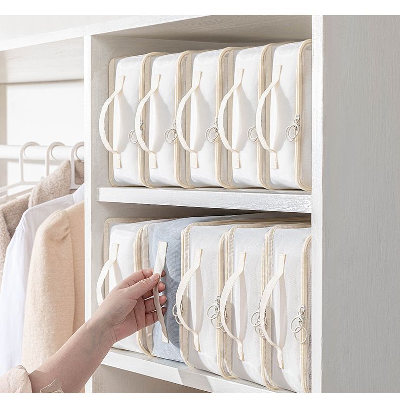 Organizer portaoggetti in rete e twill in stile giapponese – Borsa pieghevole multiscomparto per vestiti, scarpe e cosmetici (6 misure e set da 3 pezzi)_voghion.com