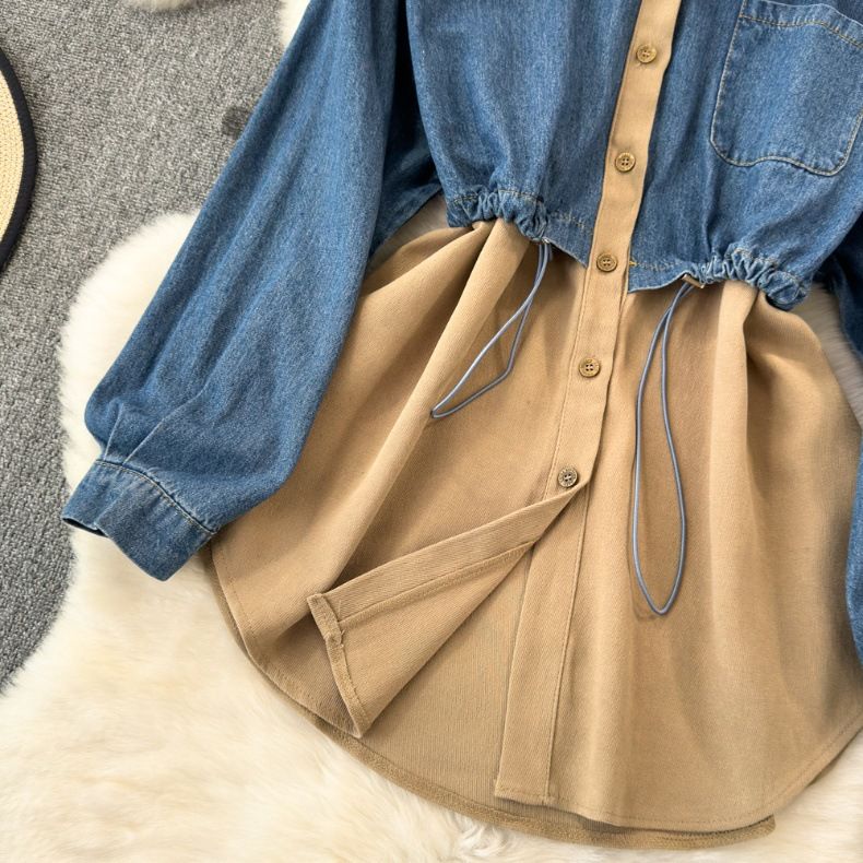Naisten kaksiosainen pitkähihainen denim-splicing käänne vyötärönauha paita naisten rennot ulkomaiset topit_voghion.com