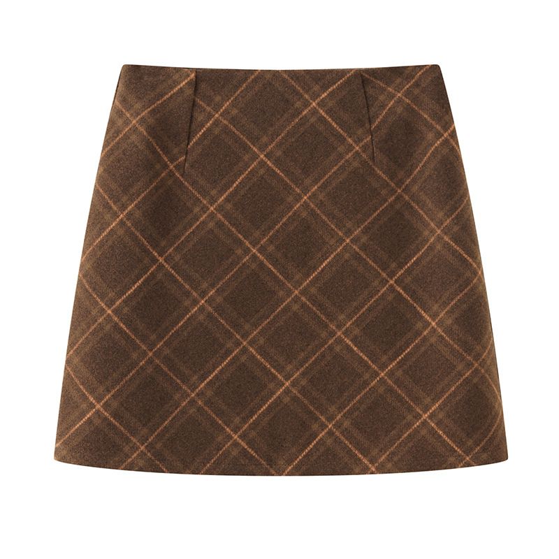 GraceChic 2024 Nuova gonna midi in lana spessa a quadri retrò per donna, invernale, snellente, a trapezio, versatile e aderente_voghion.com