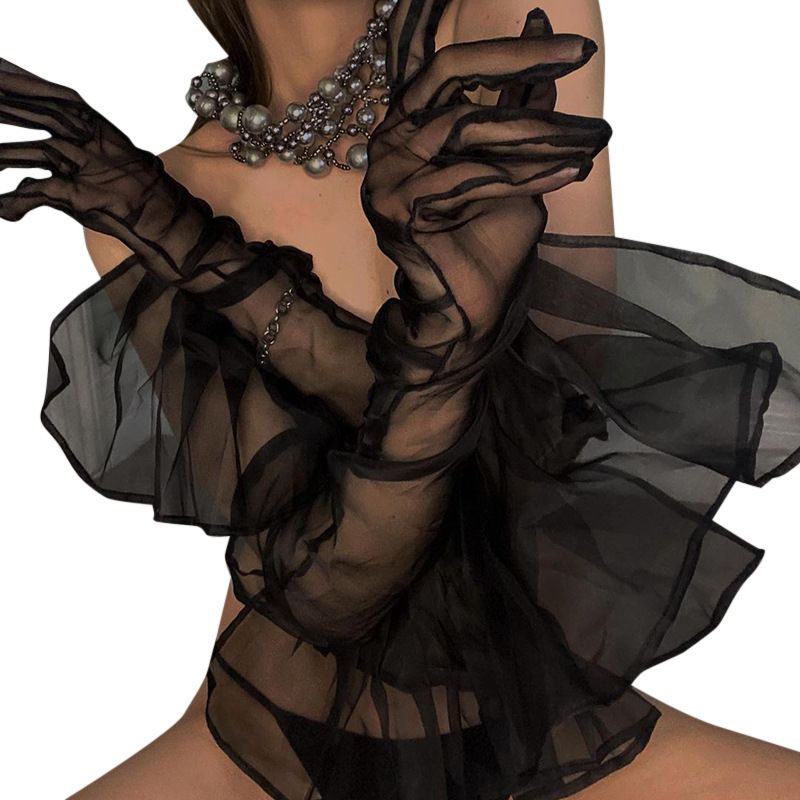 Q21TP725 Guanti casual moda primavera nuova tinta unita in pizzo trasparente con piega a navetta per donna_voghion.com