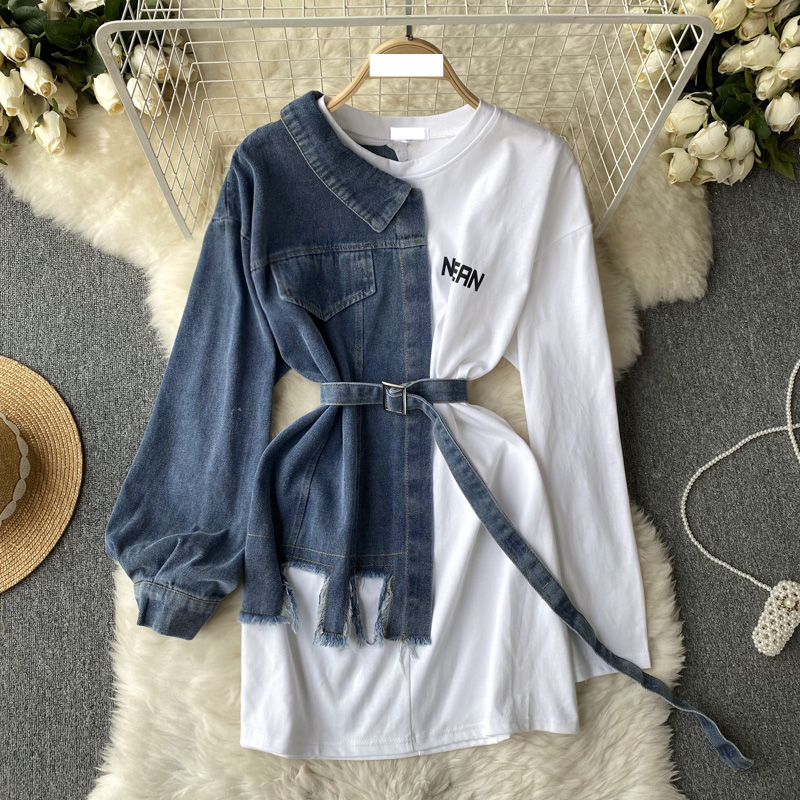 Abbigliamento donna Camicia in denim Abito patchwork Maniche lunghe Design asimmetrico Nicchia Vita Snellente Gonna fianchi_voghion.com