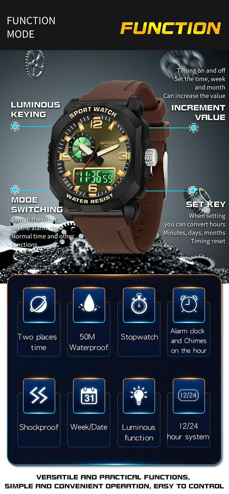 Multi Functional Digital Watch, Dual Display Waterproof Luminous Electronic Watch, Fashion Electronic Watch for Youth_voghion.com
