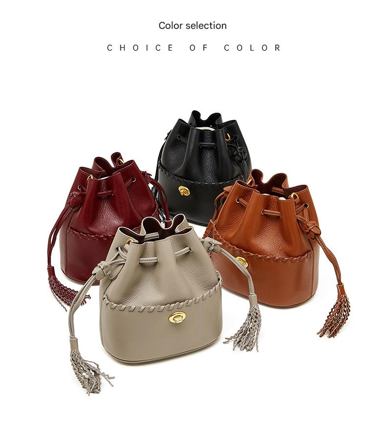 KOSE High-grade First-layer Cowhide Bucket Bag New Genuine Leather Women's Bag Tassel Niche Drawstring Shoulder Messenger Bag_voghion.com