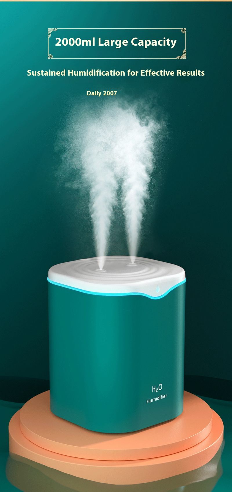 Humidificador de doble vapor de 2 l para hogar y oficina: vapor frío ultrasónico, 2 boquillas ajustables, silencioso a 36 dB, alimentación por USB (rosa/blanco/verde)_voghion.com