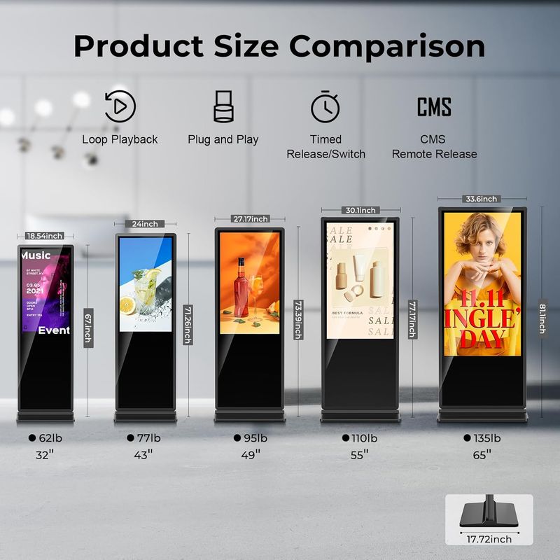 Chiosco con display per segnaletica digitale 4K da 55 pollici, poster pubblicitario da pavimento per interni, display commerciale LCD, sistema Android, HDMI/USB/WiFi_voghion.com