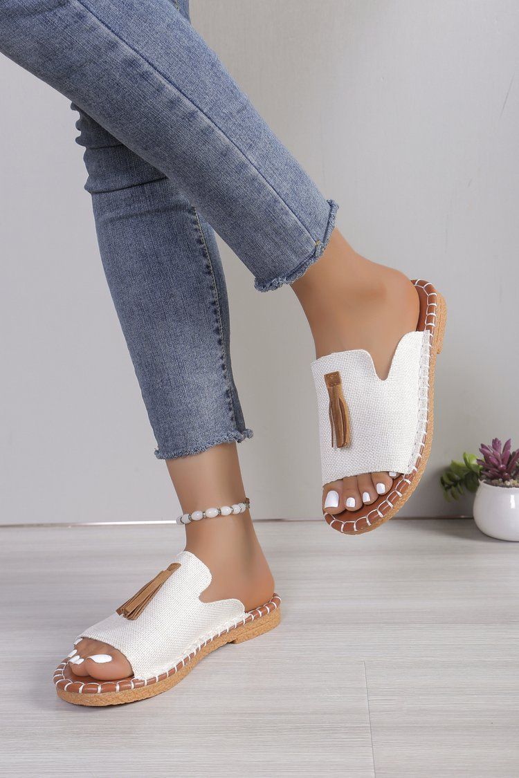 Women's Shoes Large Size Tassel Flat Bottomed One Strap Slippers Summer Outing Beach Women's Shoes_voghion.com