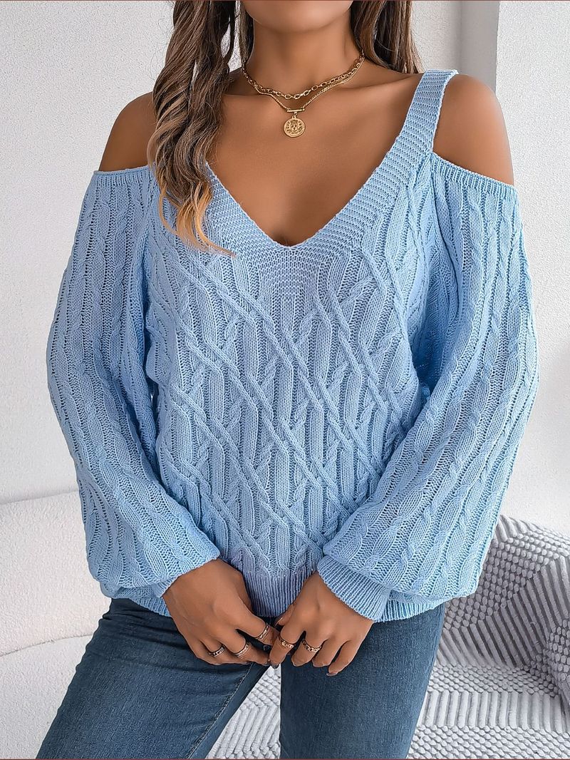 Casual Solid Twist Off-Shoulder Lantern Sleeve Sweater, Women's Clothing_voghion.com