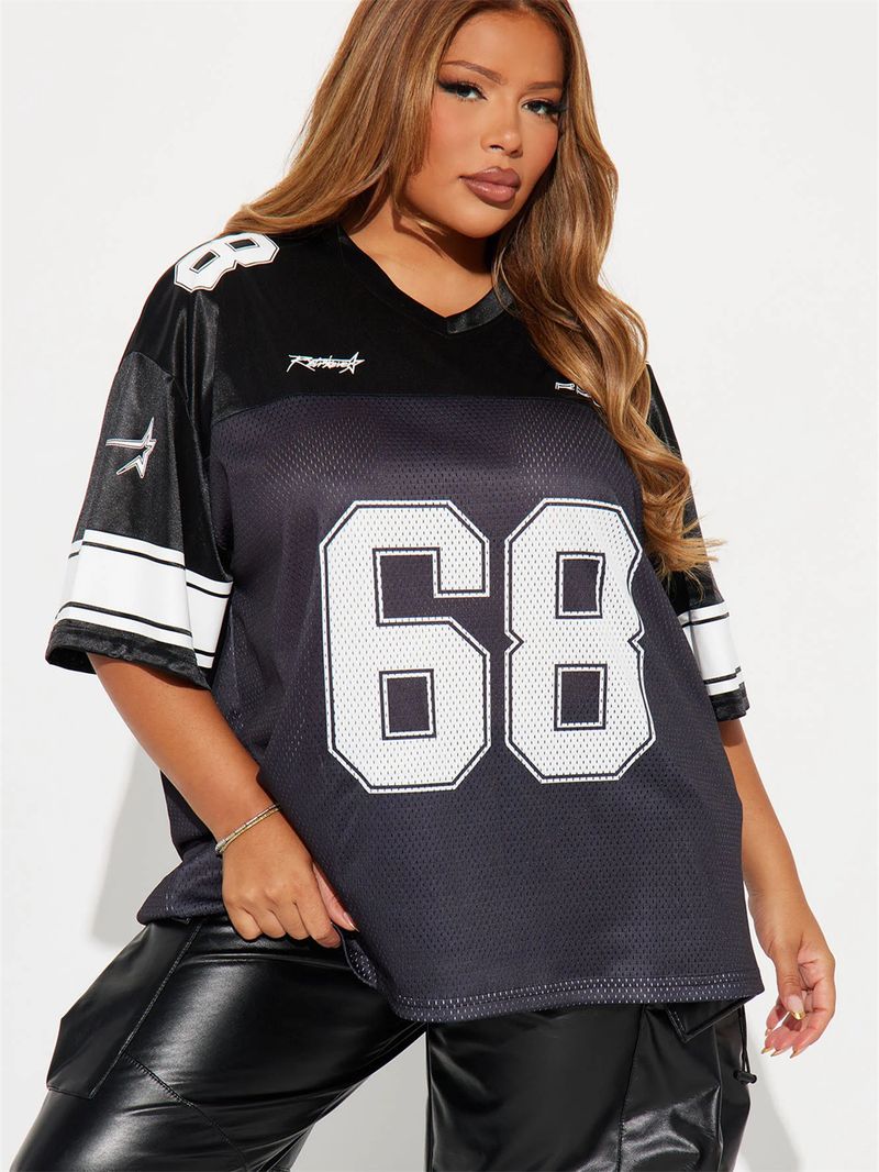 Dameskleding Splicing Letter Printing Losse Sport Stijl Jersey Korte Mouw T-shirt_voghion.com