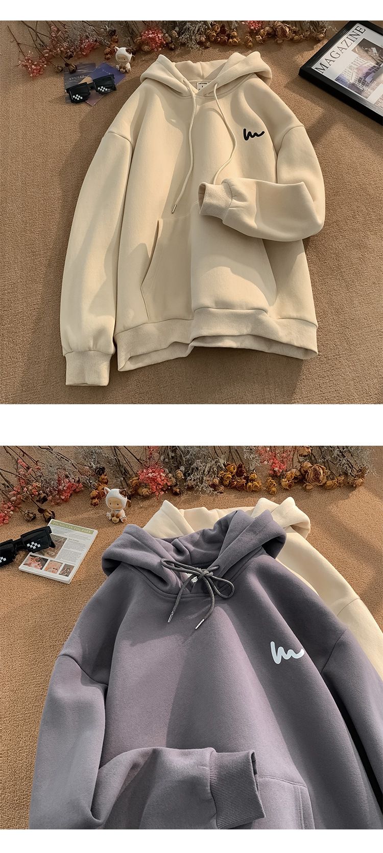 Men's Oversized Hooded Sweatshirt Lazy Style Fleece-Lined Pullover With Side Pockets, Black/White/Gray/Navy/Khaki/Burgundy_voghion.com