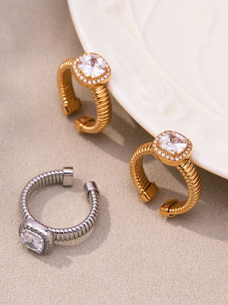 Square Sugar Stainless Steel 5A Zircon Open Ring, Fashionable And High End, Light Luxury, Versatile Finger Ring_voghion.com