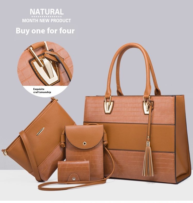 New Large Capacity Crocodile Pattern Handbag Fashionable Tassel Bag Trendy Single Shoulder Diagonal Four Piece Set Mother Bag_voghion.com