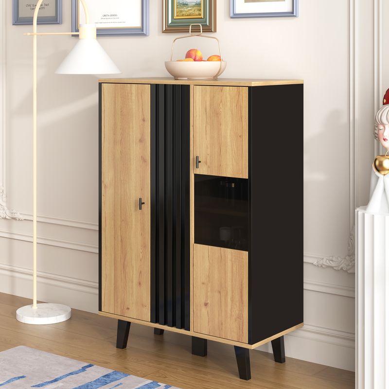 Buffet avec éclairage LED et verre, armoire en stratifié beige avec finition noire et bois, design unique à rayures noires_voghion.com