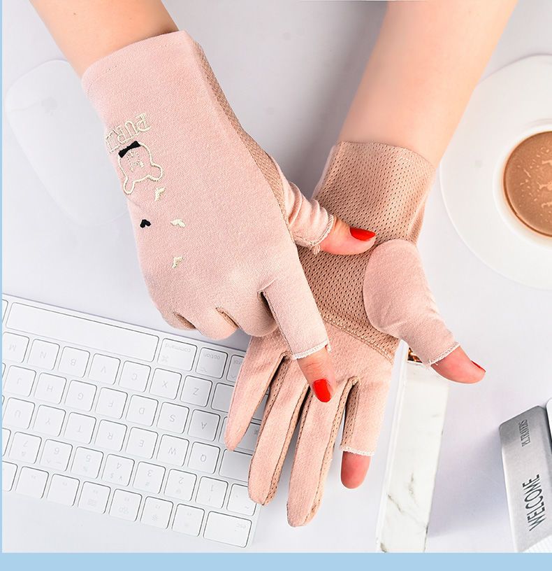 Women's thin summer UV resistant elastic spring and autumn cycling anti slip pure cotton touch screen gloves for driving_voghion.com
