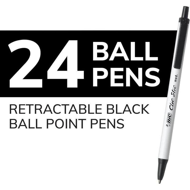 Clic Stic Black Retractable Ballpoint Pens Medium Point 1.0mm 24Count Pack Round Barrel Design For Comfortable Writing_voghion.com