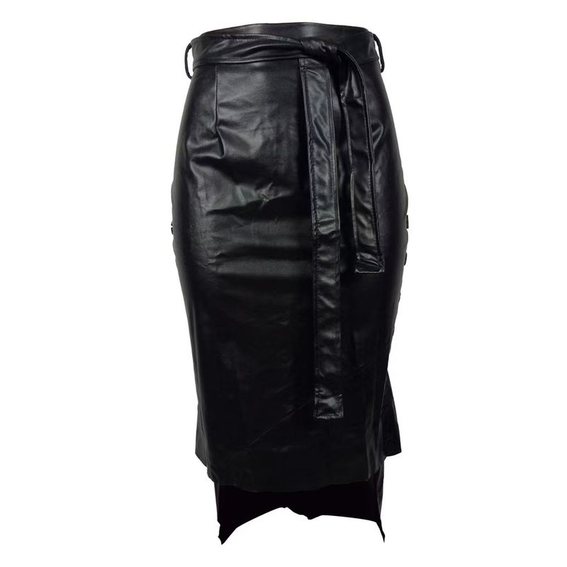 Women's Clothing Elegant High-Slit PU Pencil Skirt For Women - Stretchy Bodycon Midi Skirt, Office & Evening Wear, Black (XS/S/M/L/XL)_voghion.com