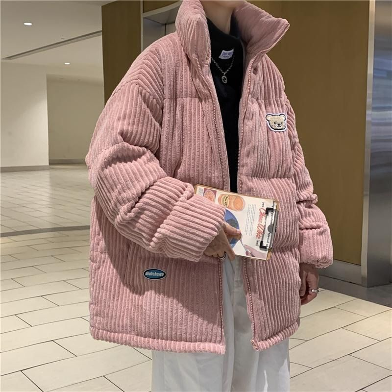 Corduroy cott men's new embroidered bear winter jacket with cotton thickening trend label, handsome couple_voghion.com
