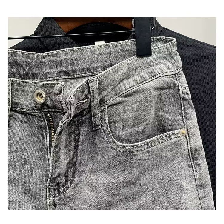Summer New Denim Shorts Five Quarter Brand Slightly Wide Printed Trendy Korean Version Elastic Tear Hole Middle Men's_voghion.com
