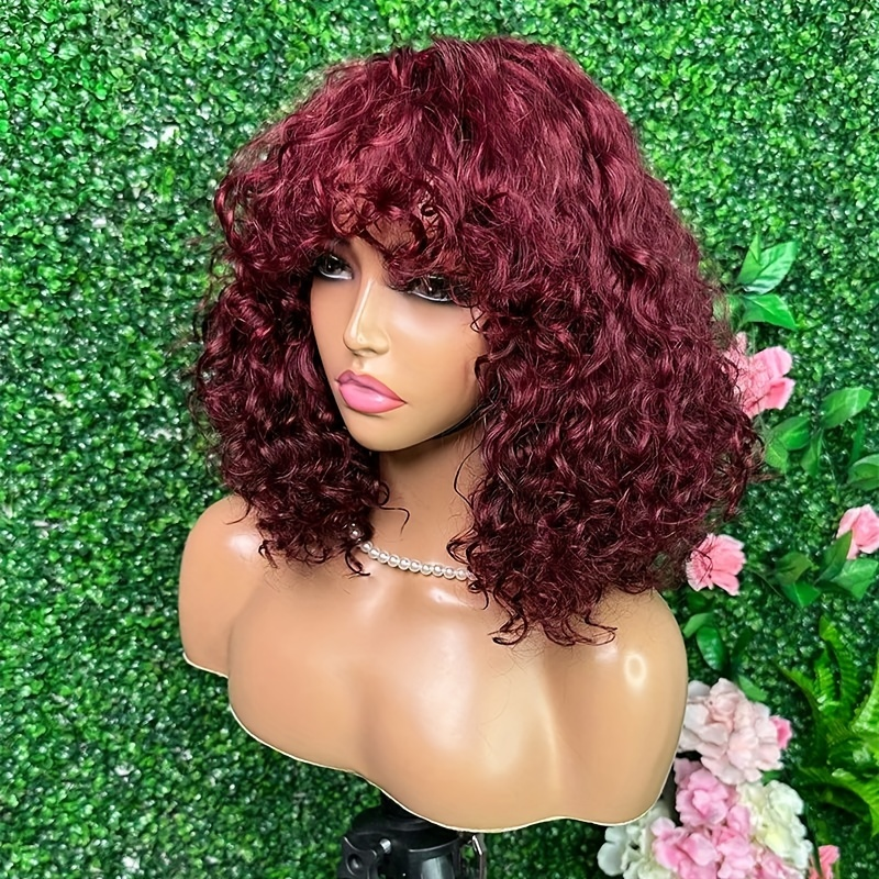 Perruque de cheveux humains ondulés de 14 pouces, fabriquée à la machine, avec frange, densité 180%, dentelle sans colle, maille rose, cheveux humains bouclés, couvre-tête pour femmes_voghion.com