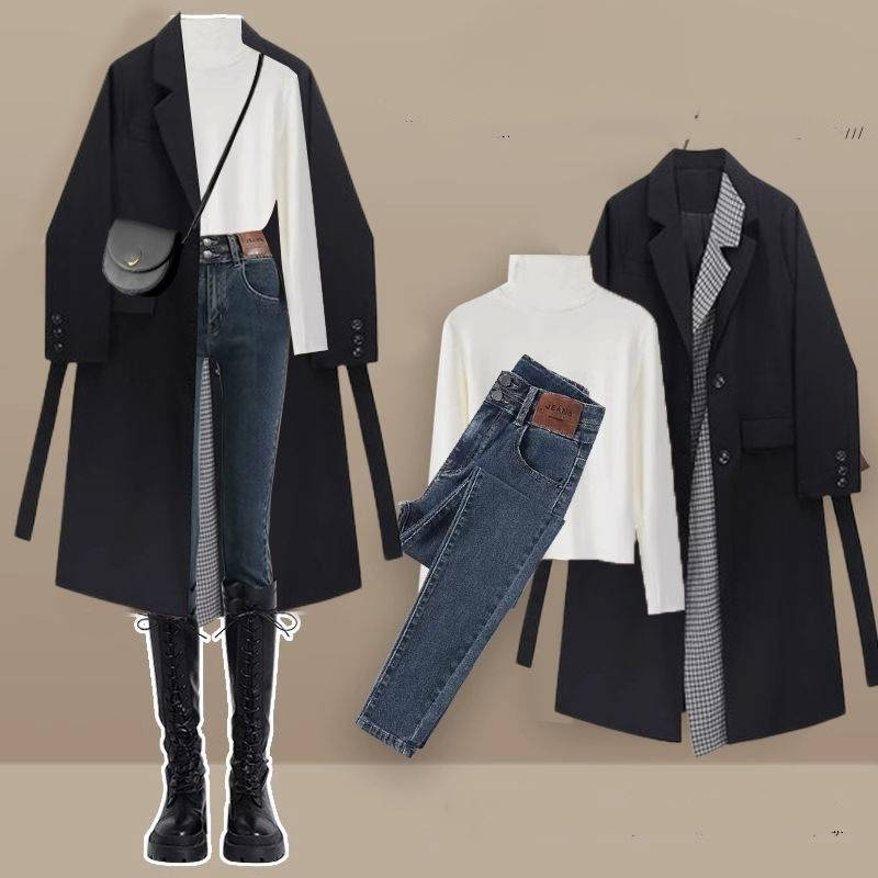 Conjunto completo de roupas femininas combinando com a nova versão coreana de camisa de gola alta, corta-vento, jeans, terno de três peças_voghion.com
