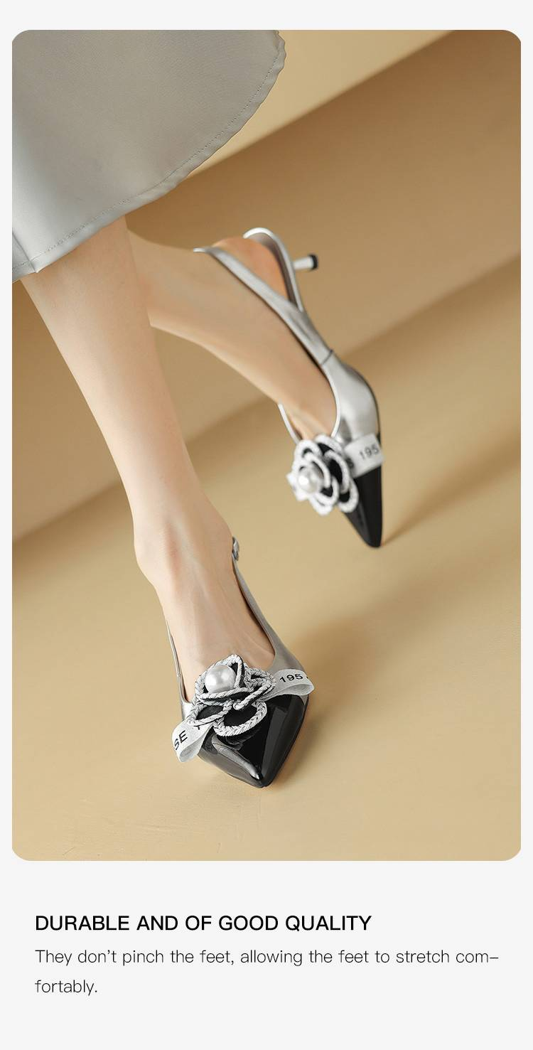 Cameido Sandalen mit spitzer Zehenpartie, Farbblockierung und feinem Blumenabsatz, rückenfreie Sandalen mit mittlerem Absatz_voghion.com