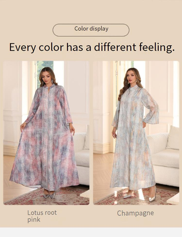 Elegant Embellished Abaya Dress – Chic Muslim Gown With Floral Print & Sequin Details (M-XXL, Champagne/Pink)_voghion.com