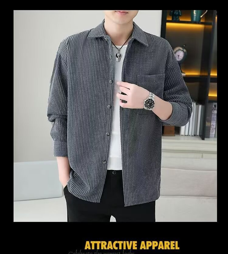 Men's Clothing Men's Corduroy Long Sleeve Shirt Winter Flannel Lined Casual Work Shirt Jacket Stylish Slim Fit Top (Grey, Brown, Black) - S-5XL_voghion.com