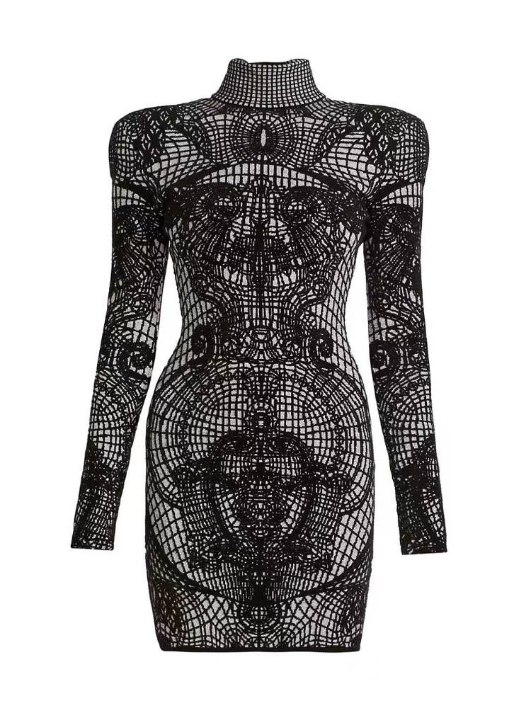 Elegant Black High-Neck Long Sleeve Bodycon Knit Sweater Dress For Women - Slim Fit Stretchy Ribbed Pullover Mini Dress With 3D Embroidery_voghion.com