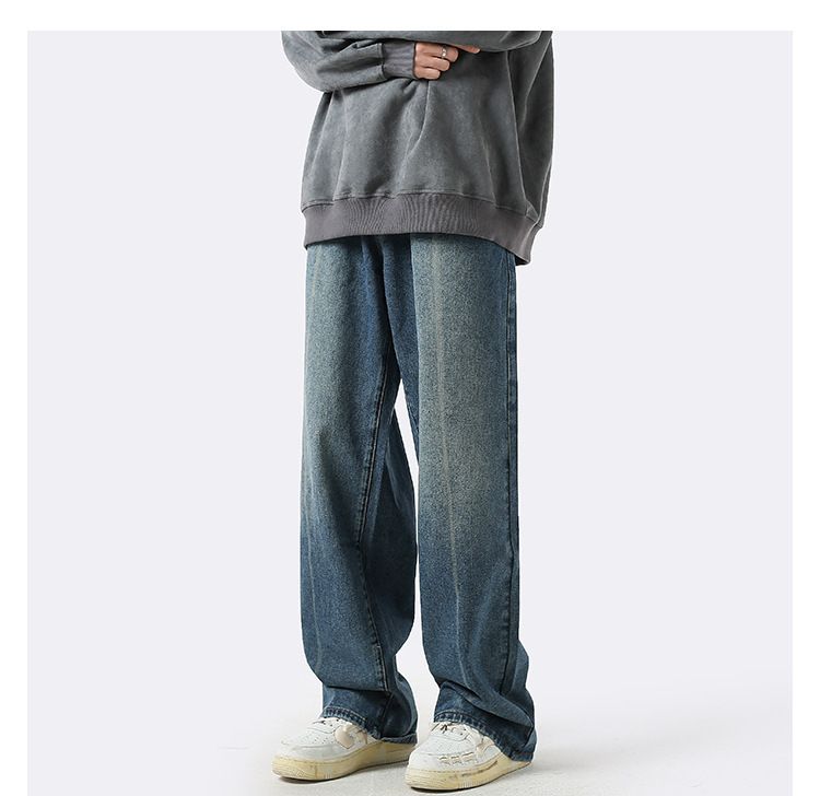Premium Jeans Men's Autumn Winter Thick Loose Straight Casual Washed And Worn Wide Leg Pants_voghion.com