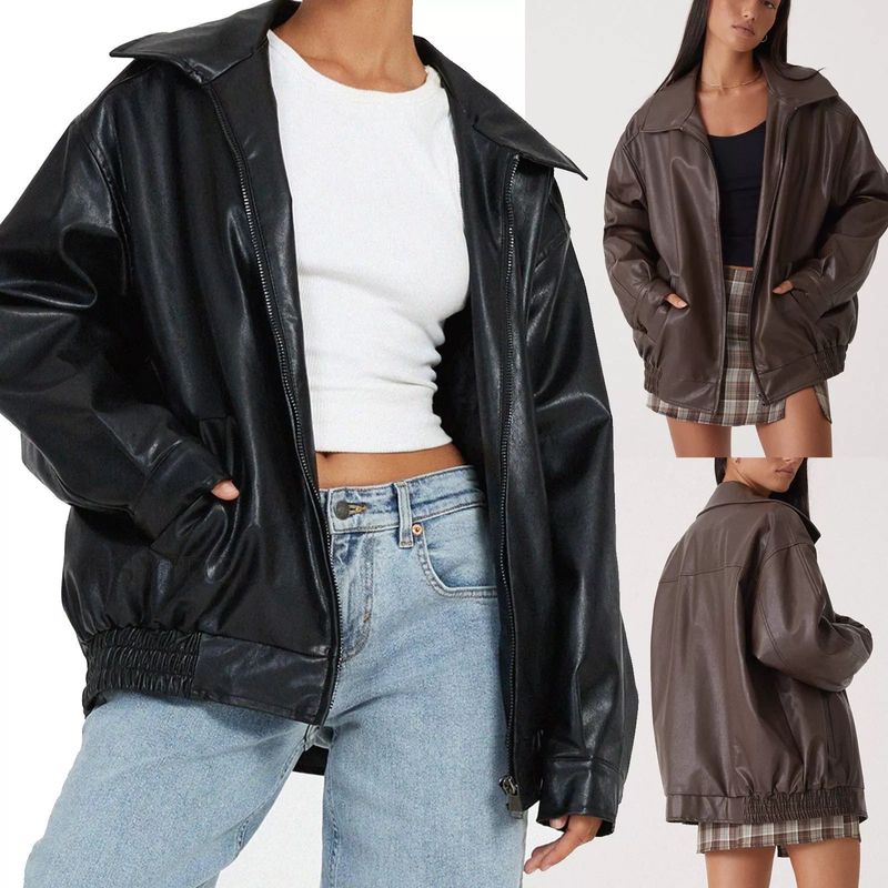 Giacca in stile motociclista, con colletto rovesciato, orlo elastico, cerniera, cappotto in pelle PU_voghion.com