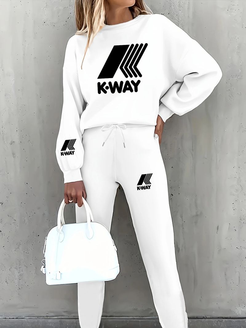 Tuta da donna stampata in due pezzi, con maglia a maniche lunghe e pantaloni con coulisse in vita, abbigliamento sportivo casual per primavera e autunno._voghion.com