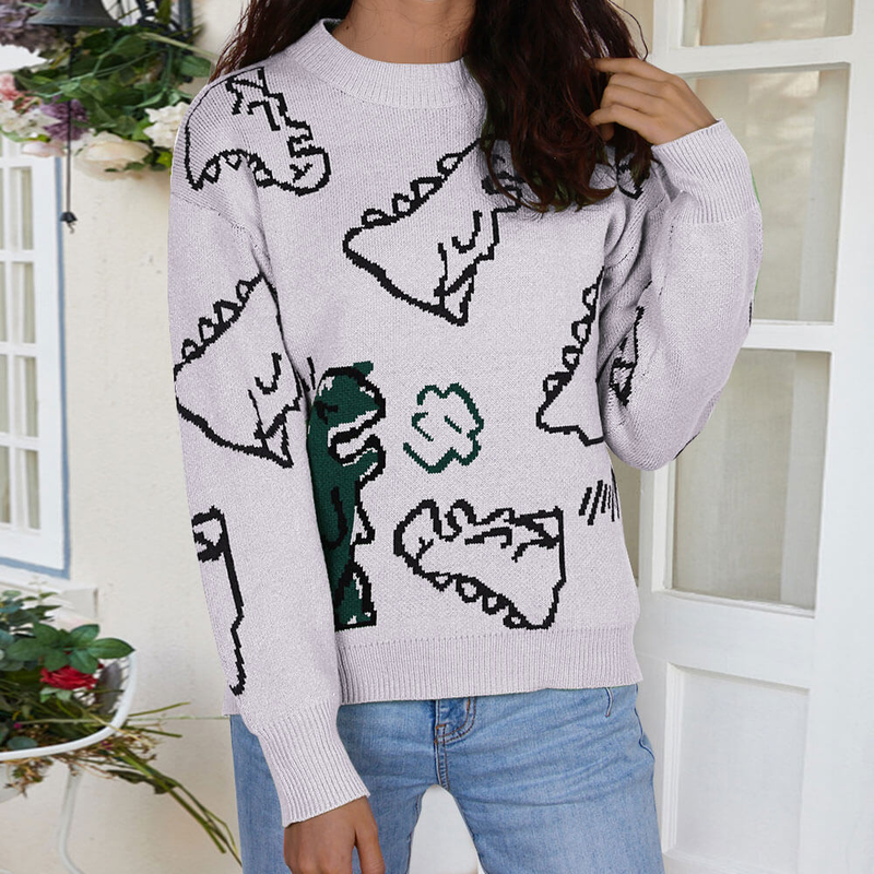 Women's Clothing long sleeved sweater autumn and winter new round neck loose cartoon dinosaur sweater_voghion.com