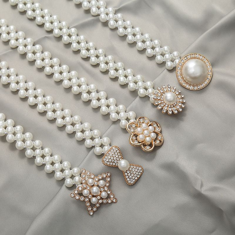 Neu Mode Kleid Elastische Gürtel frauen Stretch Große Perle Taille Kette_voghion.com