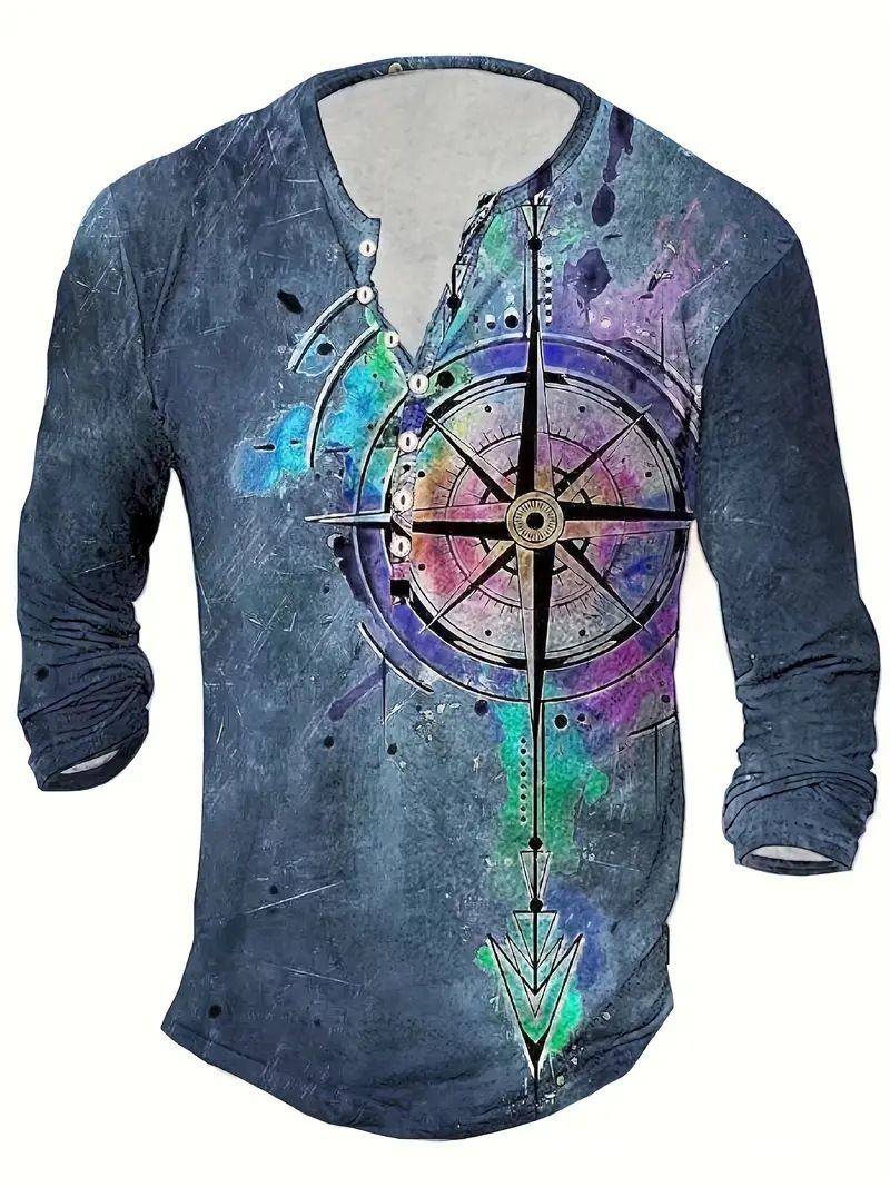 Unbeatable Quality Summer Digital Printed Youth Henley Shirt 7-Button Men's Casual Long Sleeve_voghion.com