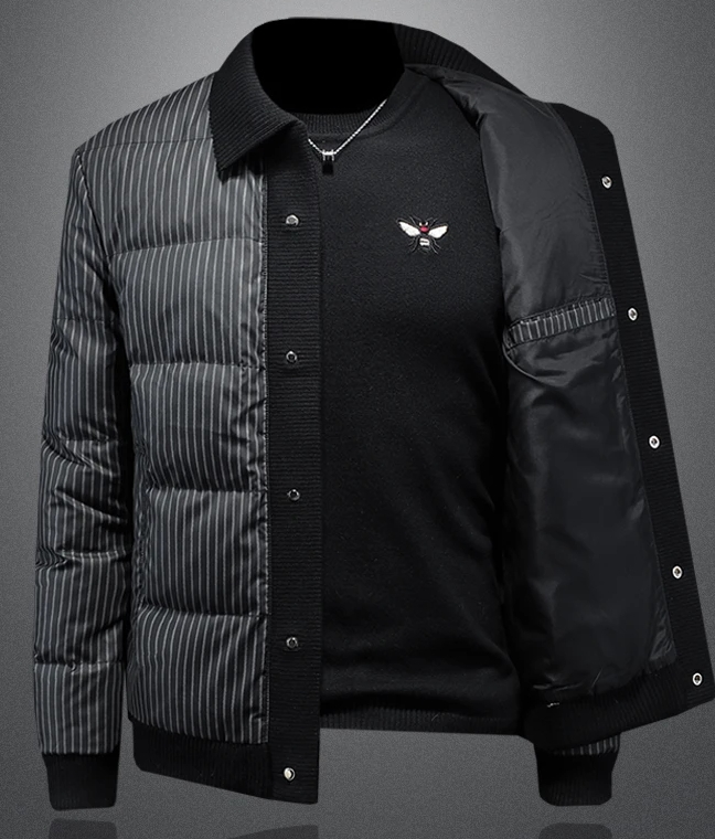 Gestrickte Hemdkragen Daunenjacke Herren 2024 Winter Neue Casual Verdickung Modemarke Gestreifter weißer Entendaunenmantel Männer_voghion.com