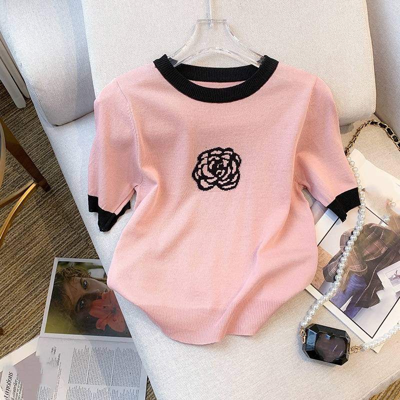 Damenbekleidung Sommer rosa kurzärmliges T-Shirt mit gerader Schulter_voghion.com