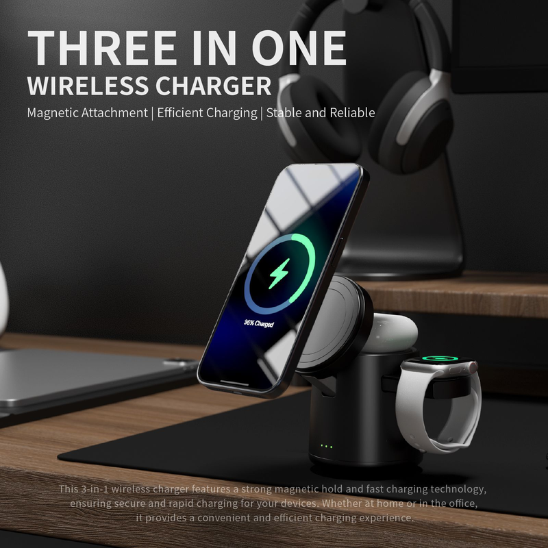 Încărcător wireless magnetic 3-în-1 de 15W Stand de încărcare fără fir_voghion.com