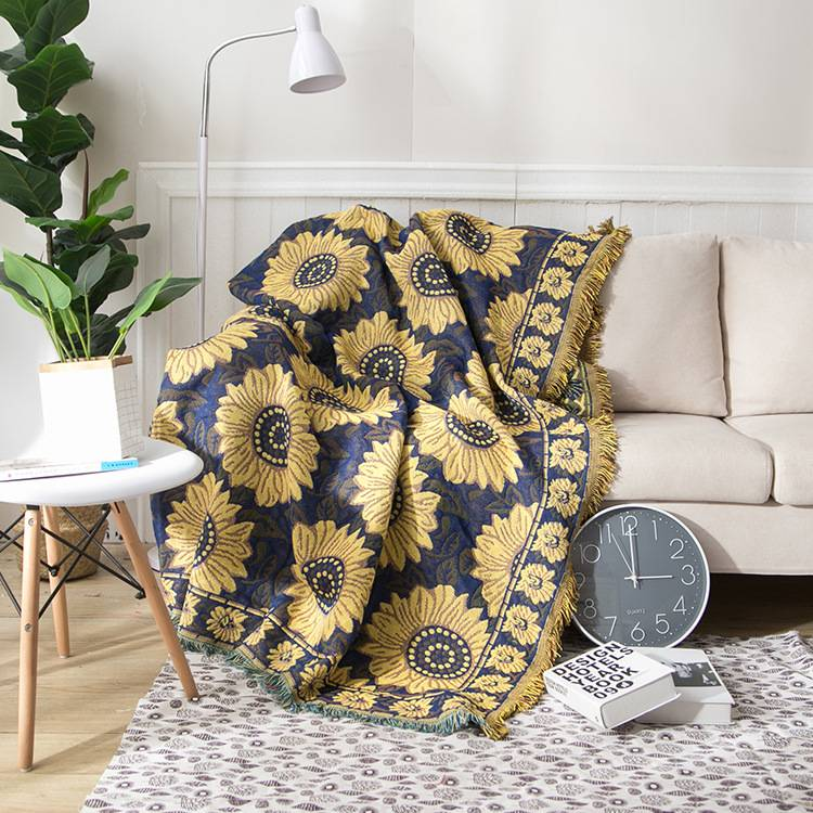 European Style Blue Sunflower Cotton Knitted Nap Sofa Office Blanket Wholesale Three Layer Thickened Pastoral Style Blanket_voghion.com