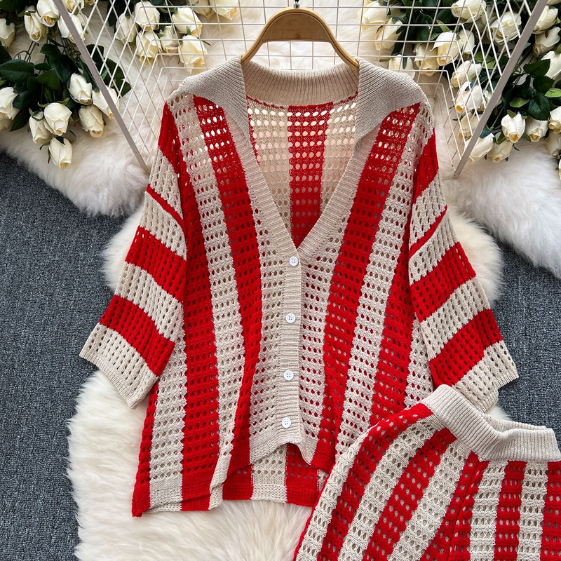 Abbigliamento da donna, completo estivo da donna con scollo a V, cardigan lavorato a maglia largo + pantaloni a gamba larga, completo a righe con cavi abbinati_voghion.com