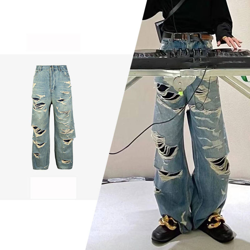 Abbigliamento maschile Doppio strato Nappe Stile mendicante Jeans distrutti e strappati_voghion.com