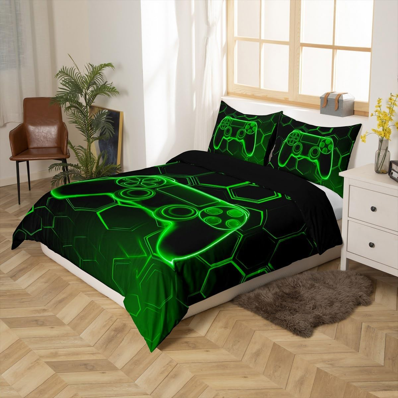 Juego de funda nórdica para niños y adolescentes, diseño de panal geométrico verde, con diseño hexagonal y 2 fundas de almohada._voghion.com